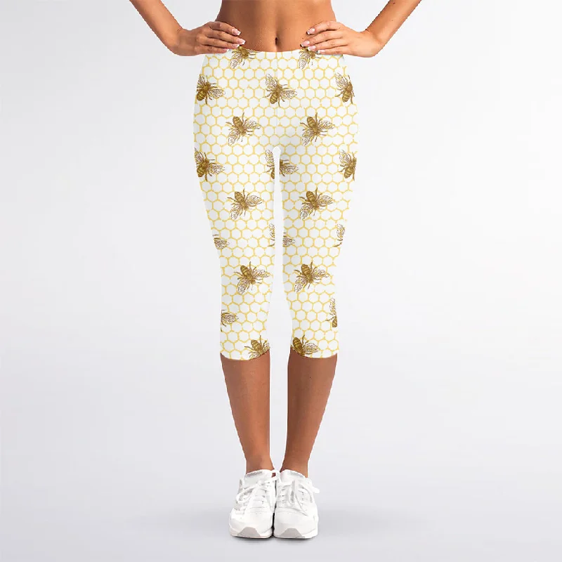 Honey Bee Hive Pattern Print Women's Capri Leggings Stylish Yoga Leggings