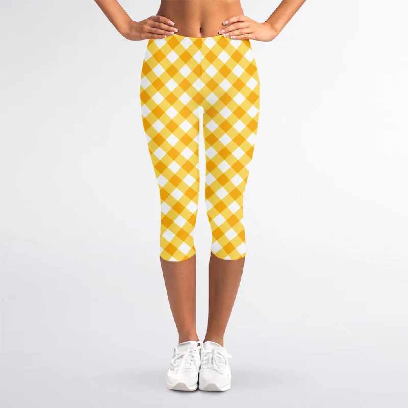 Honey Yellow And White Gingham Print Women's Capri Leggings Fashionable Printed Leggings