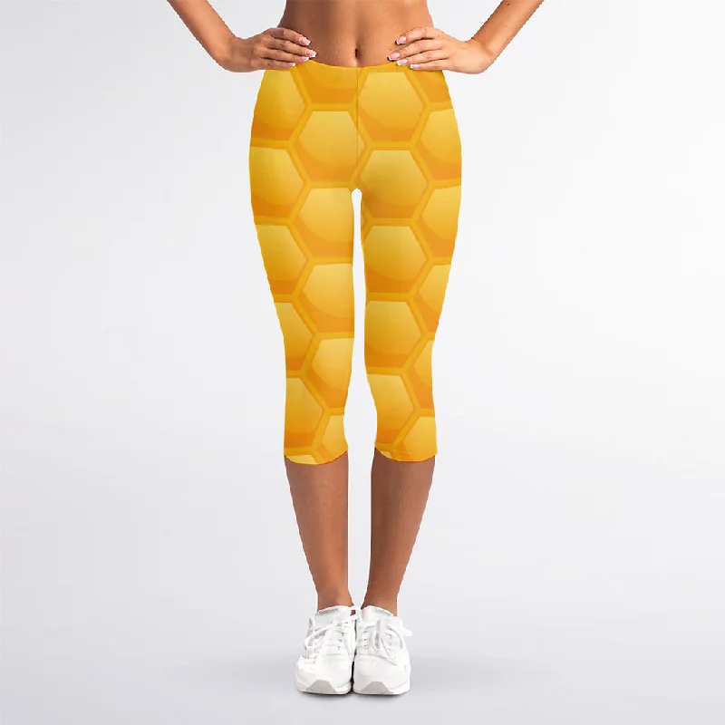 Honeycomb Pattern Print Women's Capri Leggings Trendy Full-Length Leggings