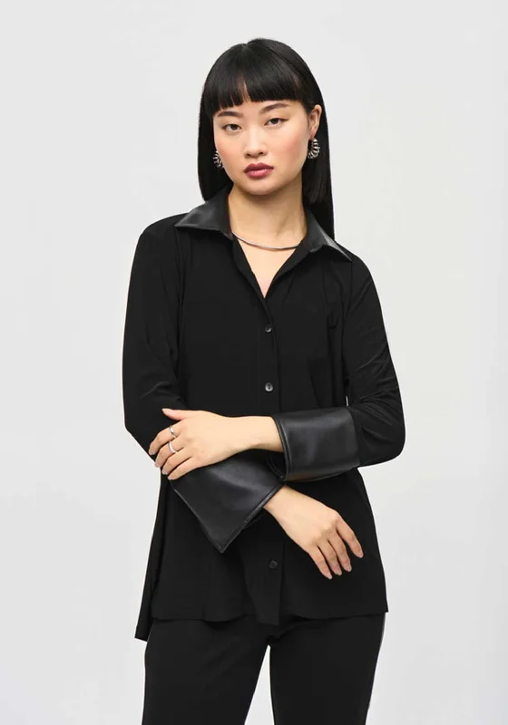 Joseph Ribkoff Faux Leather Trim Shirt, Black Anti-Pilling Machine Wash Handmade
