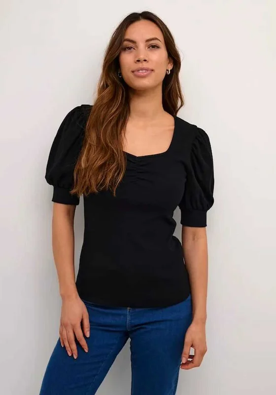 Kaffe Carna Square Neck T-Shirt Top, Black Terry Blend Velvet Blend Canvas Blend