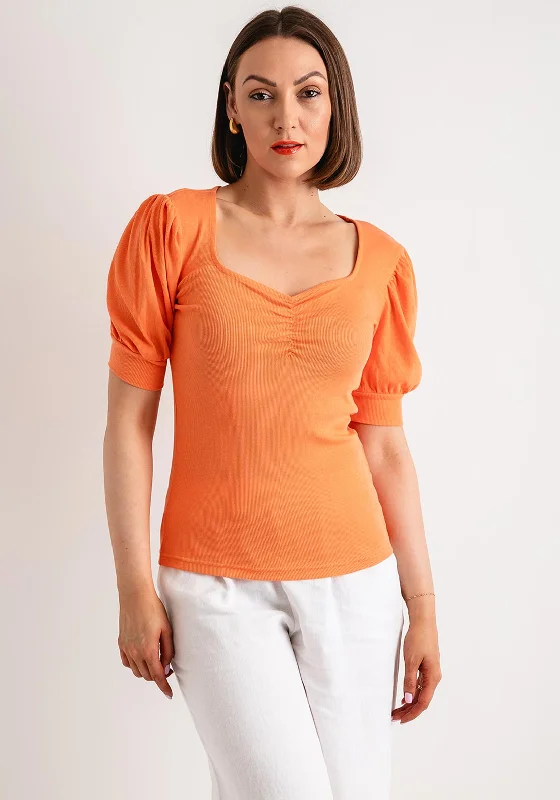 Kaffe Carna Square Neck T-Shirt Top, Melon Solid Print Embellished