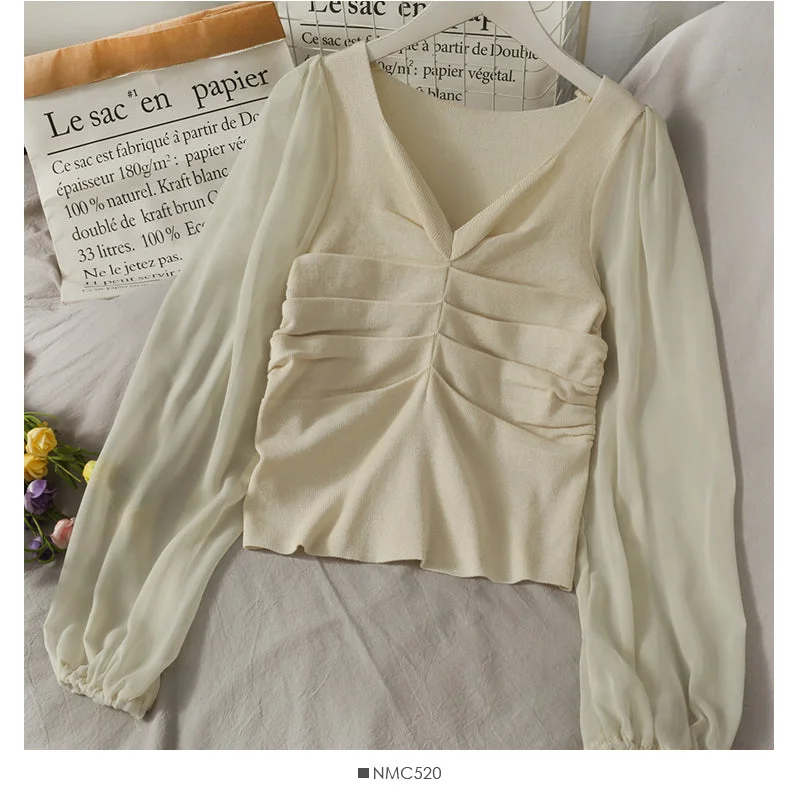 Korean Chiffon stitched bubble long sleeve T-shirt  2027 Striped Floral Plaid
