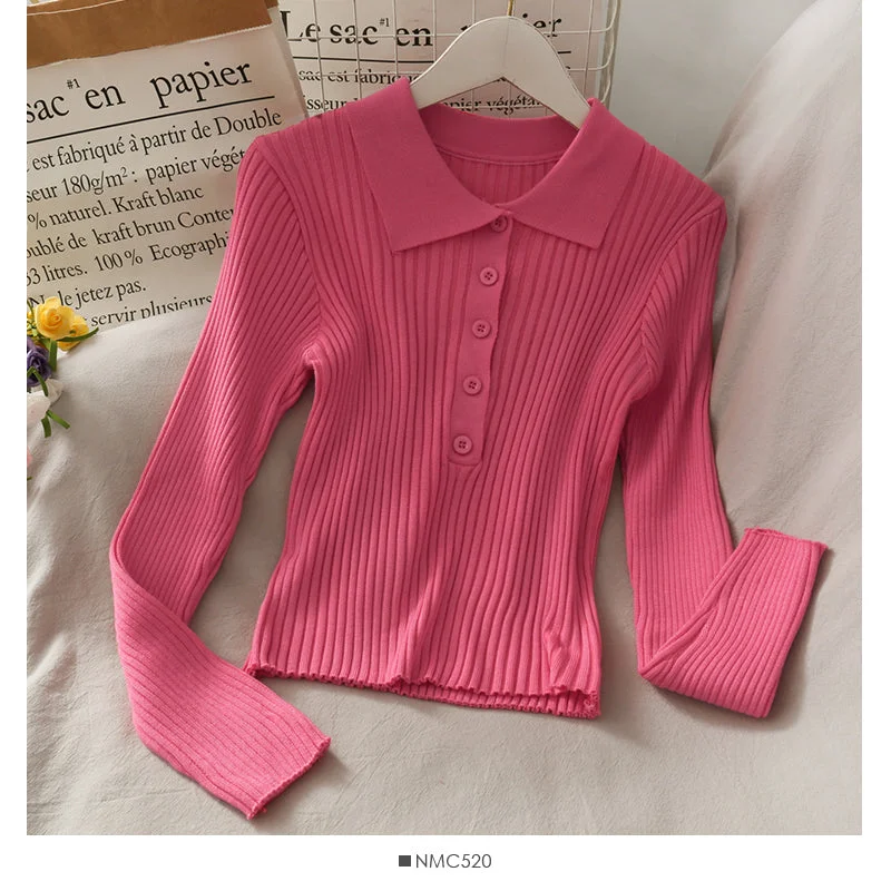 Korean solid color versatile breasted Lapel tight knit women's shirt 1842 Mesh Fabric Canvas Fabric Denim Fabric Korean solid color versatile breasted Lapel tight knit women's shirt 1842 Mesh Fabric Canvas Fabric Denim Fabric