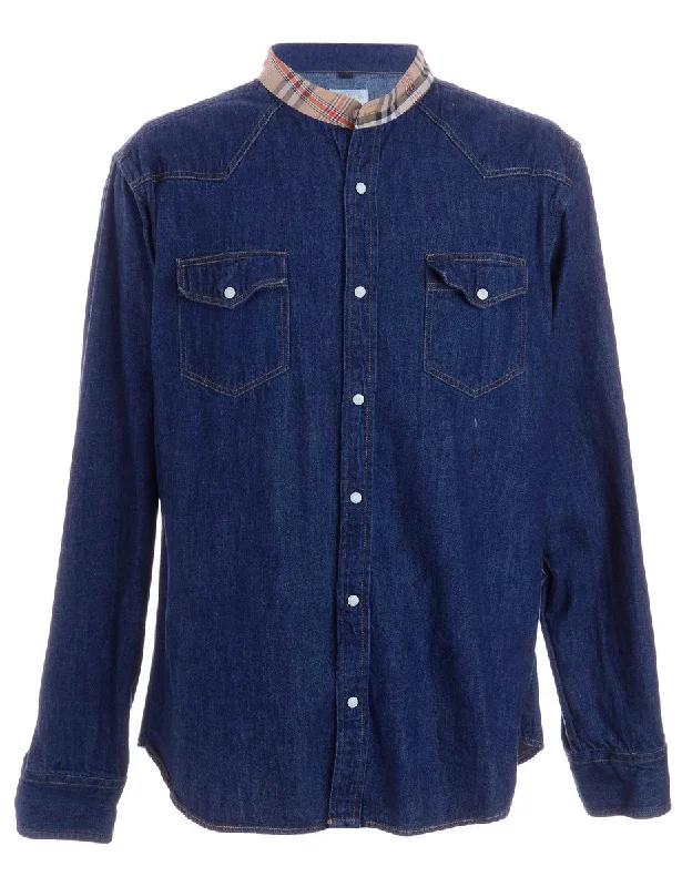 Label Grandad Collar Denim Shirt Rayon Velvet Corduroy