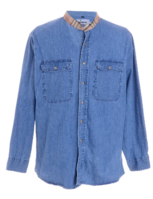 Label Grandad Collar Denim Shirt Mesh Canvas Denim