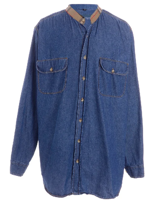 Label Grandad Collar Denim Shirt Chenille Brocade Lace