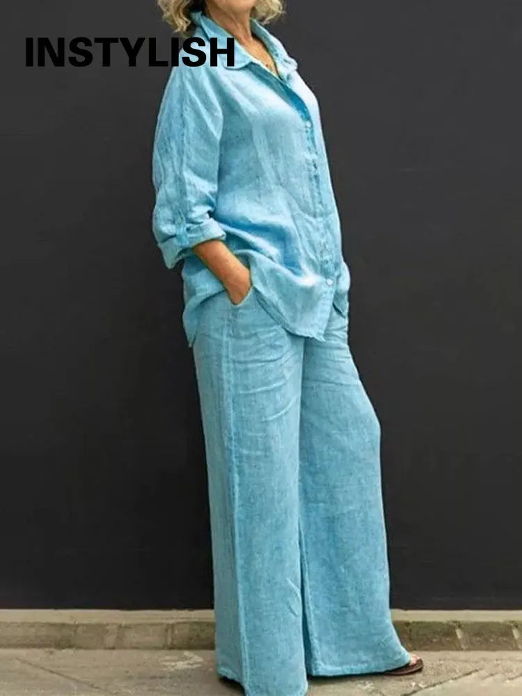 Linen Lapel Two Pieces Set Autumn Vintage Solid Color Long Sleeve Button Shirt Lace Blend Ribbed Blend Corduroy Blend
