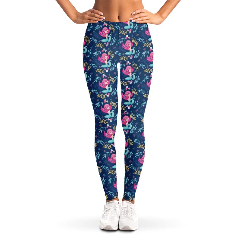 Little Cute Mermaid Pattern Print Women's Leggings Trendy High-Waist Tummy Control Leggings