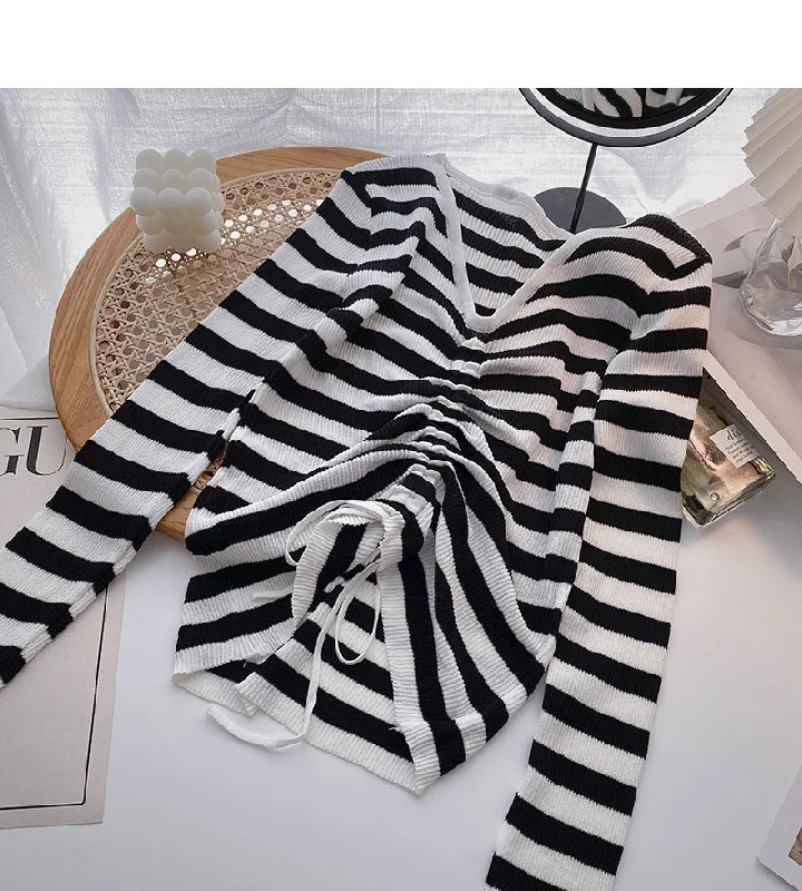 Long Sleeve Striped t-shirt design V-neck drawstring top  6485 Mesh Canvas Denim