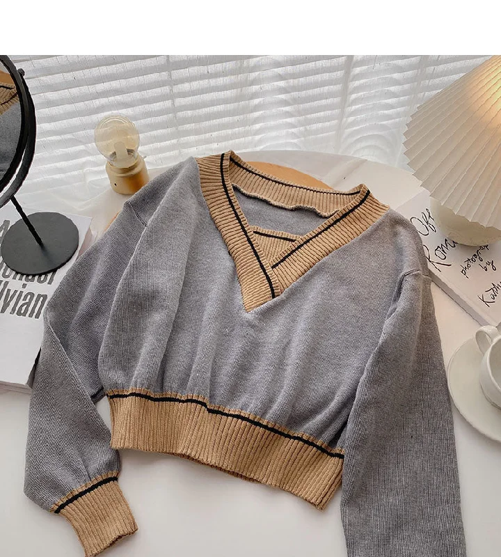 Long sleeve T-shirt retro contrast V-neck short temperament top 6551 Print Jacquard Patchwork Long sleeve T-shirt retro contrast V-neck short temperament top 6551 Print Jacquard Patchwork
