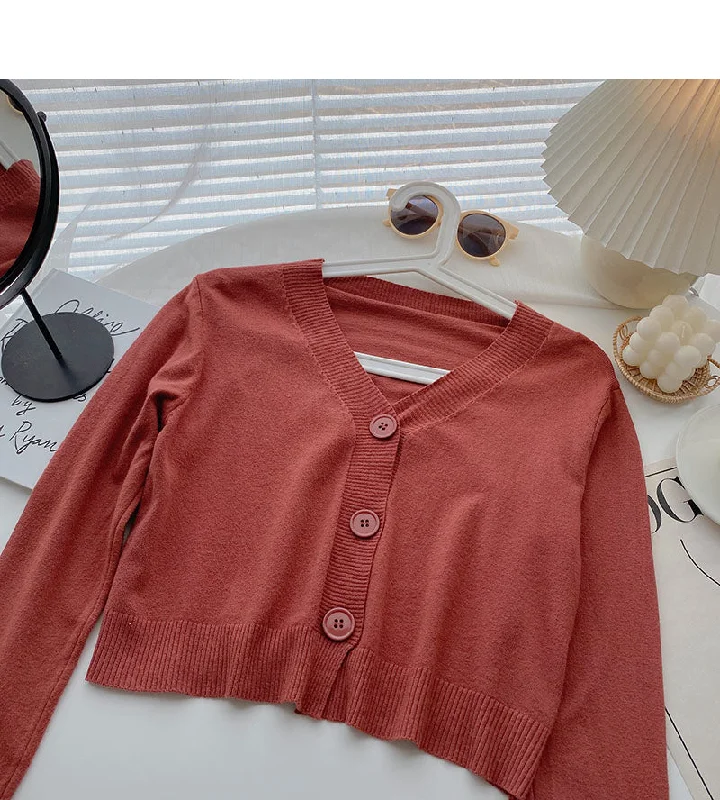 Long sleeve V-neck short T-shirt solid small coat  6442 Fashionable Trendy Casual