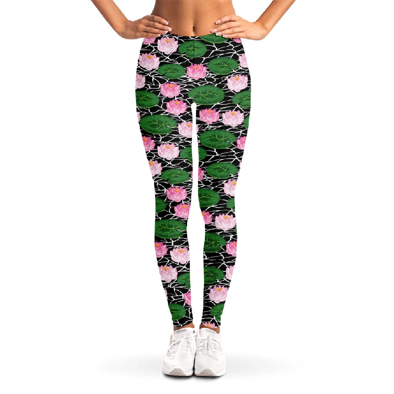 Lotus Flower And Leaf Pattern Print Women's Leggings Fashionable Seamless Leggings