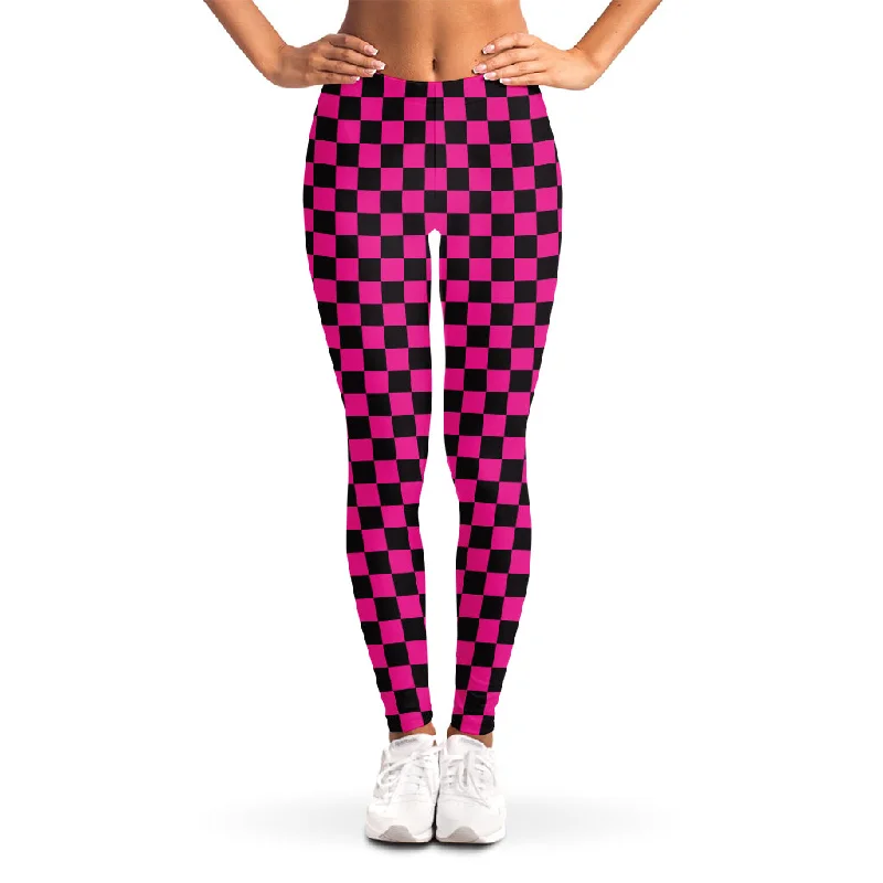 Magenta Pink And Black Checkered Print Women's Leggings Casual Sporty Leggings