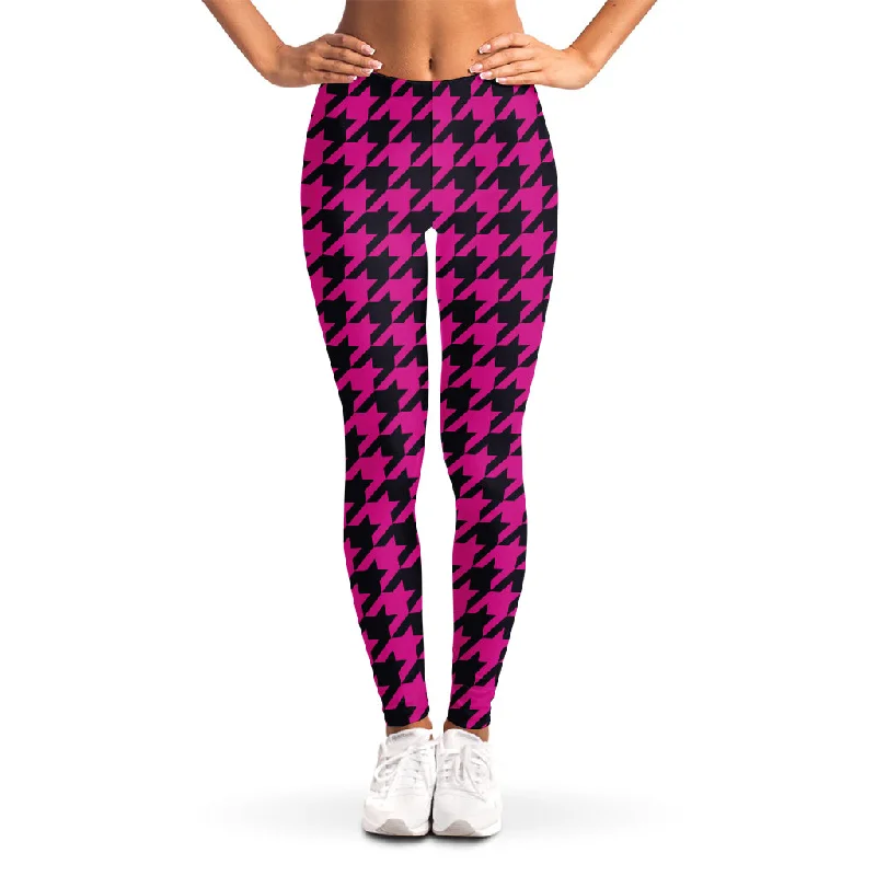 Magenta Pink And Black Houndstooth Print Women's Leggings Elegant Black Leggings