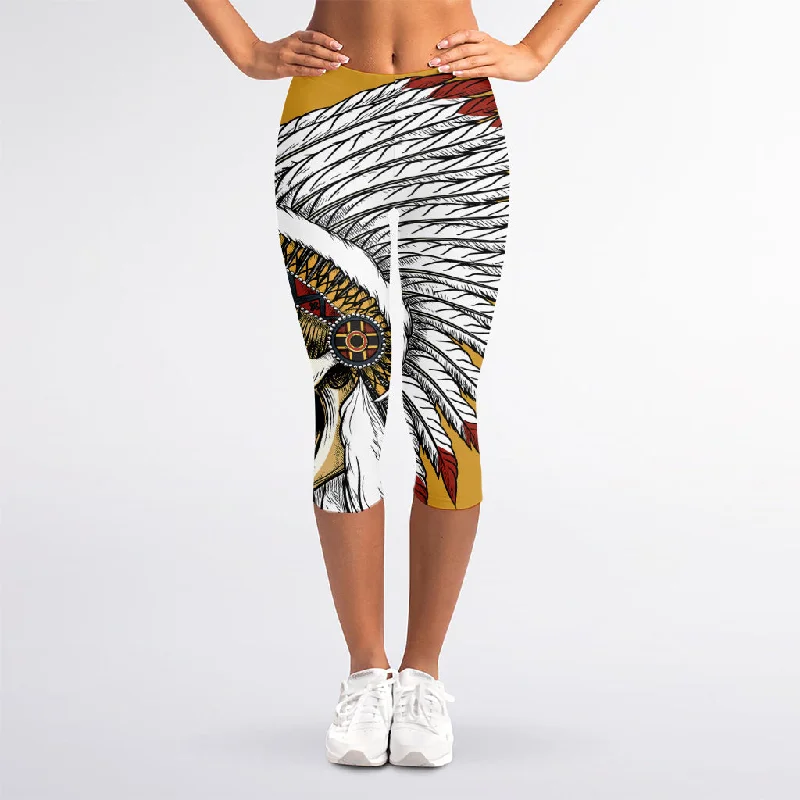 Native American Indian Skull Print Women's Capri Leggings Fashionable Solid Color Tights Native American Indian Skull Print Women's Capri Leggings Fashionable Solid Color Tights