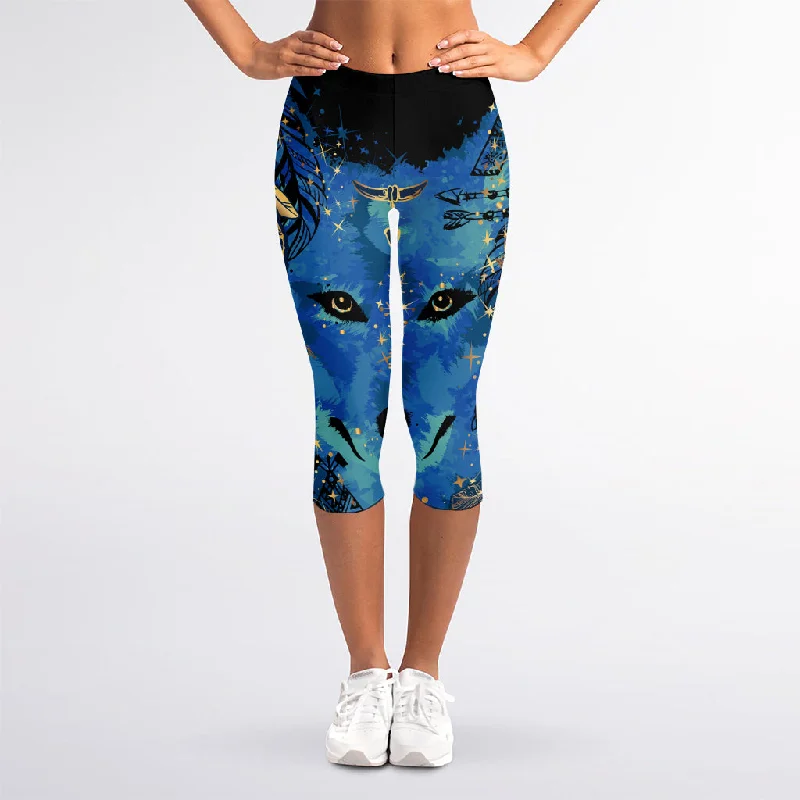 Native American Spiritual Wolf Print Women's Capri Leggings Cozy Reflective Detail Leggings Native American Spiritual Wolf Print Women's Capri Leggings Cozy Reflective Detail Leggings
