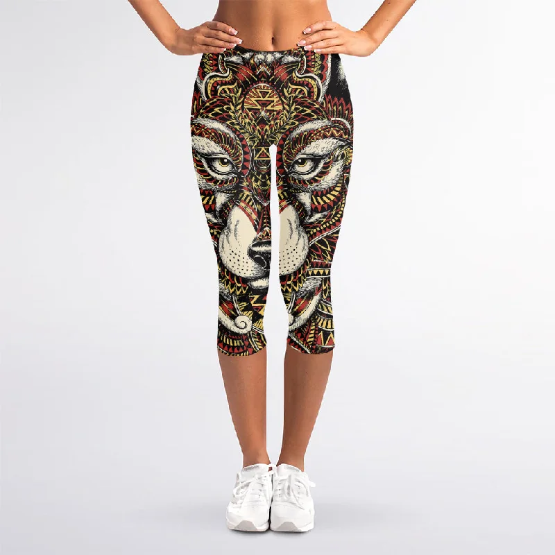 Native American Wolf Spirit Animal Print Women's Capri Leggings Chic Velvet Soft Leggings Native American Wolf Spirit Animal Print Women's Capri Leggings Chic Velvet Soft Leggings