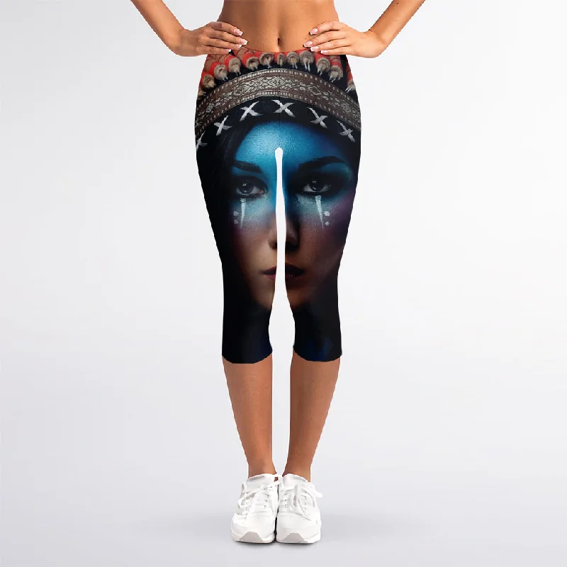 Native Indian Woman Portrait Print Women's Capri Leggings Cozy Sweat-Wicking Leggings Native Indian Woman Portrait Print Women's Capri Leggings Cozy Sweat-Wicking Leggings