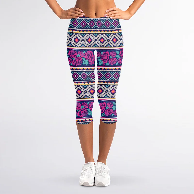 Native Tribal Ethnic Rose Pattern Print Women's Capri Leggings Stylish Printed Stretch Leggings Native Tribal Ethnic Rose Pattern Print Women's Capri Leggings Stylish Printed Stretch Leggings