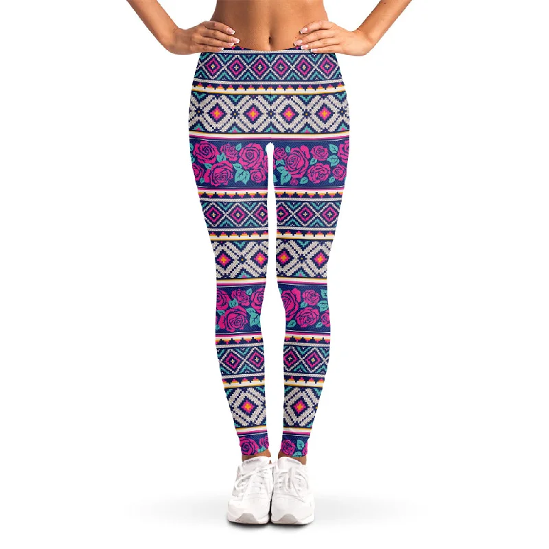 Native Tribal Ethnic Rose Pattern Print Women's Leggings Trendy Sweat-Wicking Workout Leggings Native Tribal Ethnic Rose Pattern Print Women's Leggings Trendy Sweat-Wicking Workout Leggings