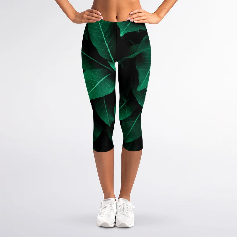 Natural Green Leaf Print Women's Capri Leggings Trendy Cut-Out Activewear Leggings