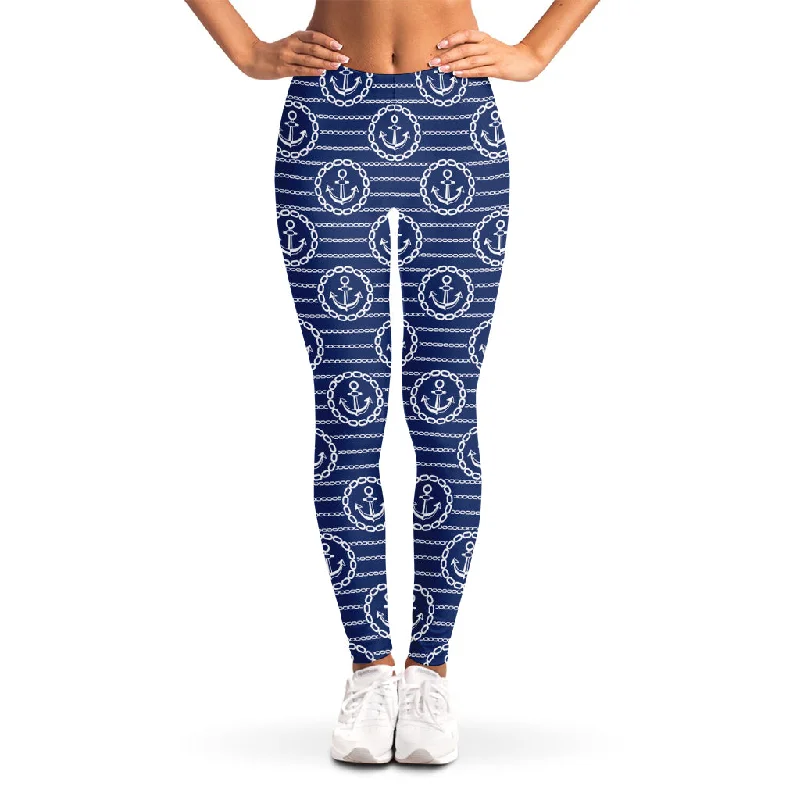 Nautical Anchor Pattern Print Women's Leggings Elegant Full-Body Leggings