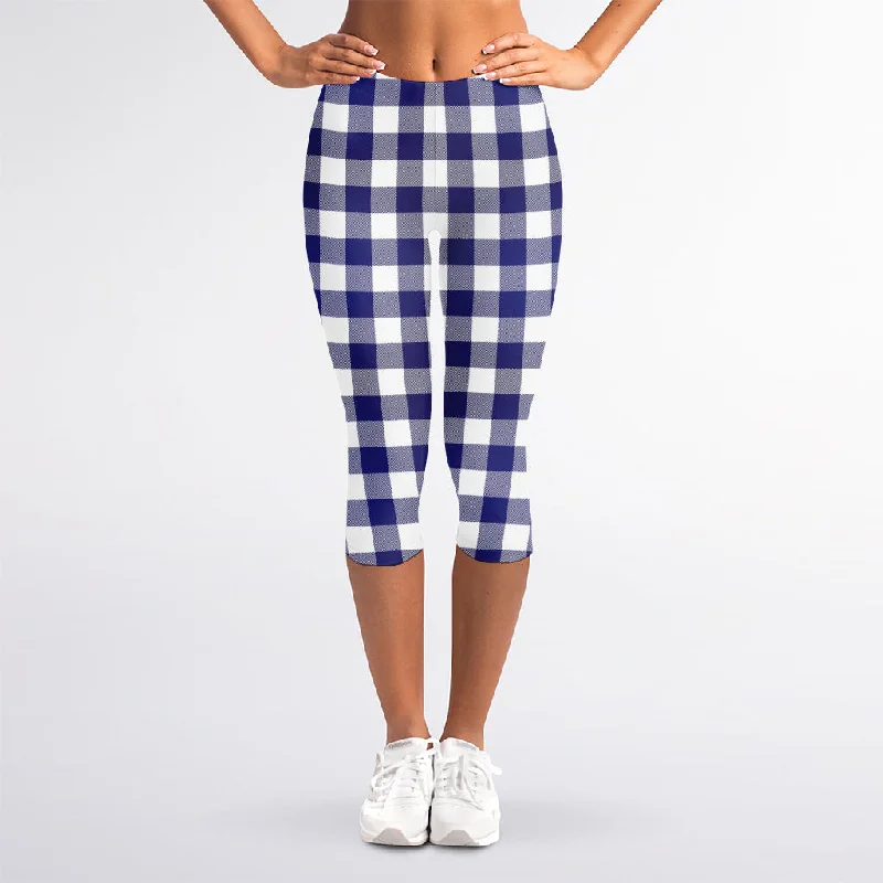 Navy And White Buffalo Check Print Women's Capri Leggings Elegant Casual Fit Leggings Navy And White Buffalo Check Print Women's Capri Leggings Elegant Casual Fit Leggings