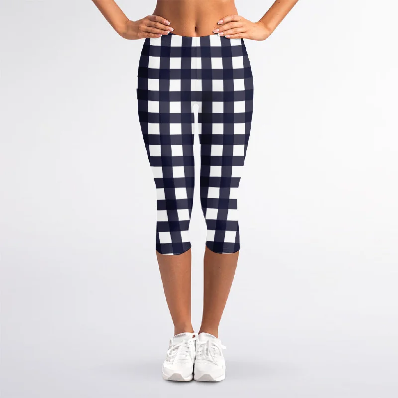 Navy And White Check Pattern Print Women's Capri Leggings Cozy Mid-Rise Workout Leggings Navy And White Check Pattern Print Women's Capri Leggings Cozy Mid-Rise Workout Leggings