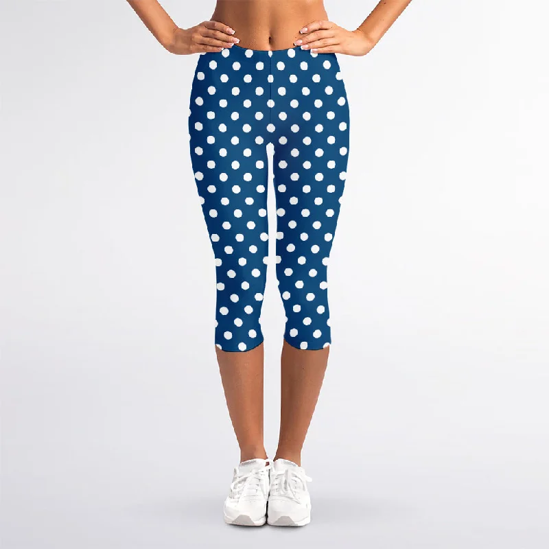 Navy And White Polka Dot Pattern Print Women's Capri Leggings Fashionable Quick-Dry Yoga Pants Navy And White Polka Dot Pattern Print Women's Capri Leggings Fashionable Quick-Dry Yoga Pants
