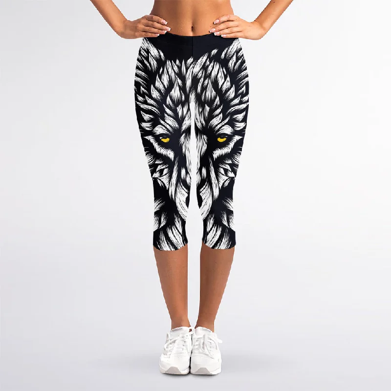 Navy And White Wolf Print Women's Capri Leggings Comfortable Sports Performance Tights Navy And White Wolf Print Women's Capri Leggings Comfortable Sports Performance Tights