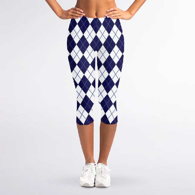 Navy Blue And White Argyle Pattern Print Women's Capri Leggings Stylish Colorful Activewear Leggings Navy Blue And White Argyle Pattern Print Women's Capri Leggings Stylish Colorful Activewear Leggings