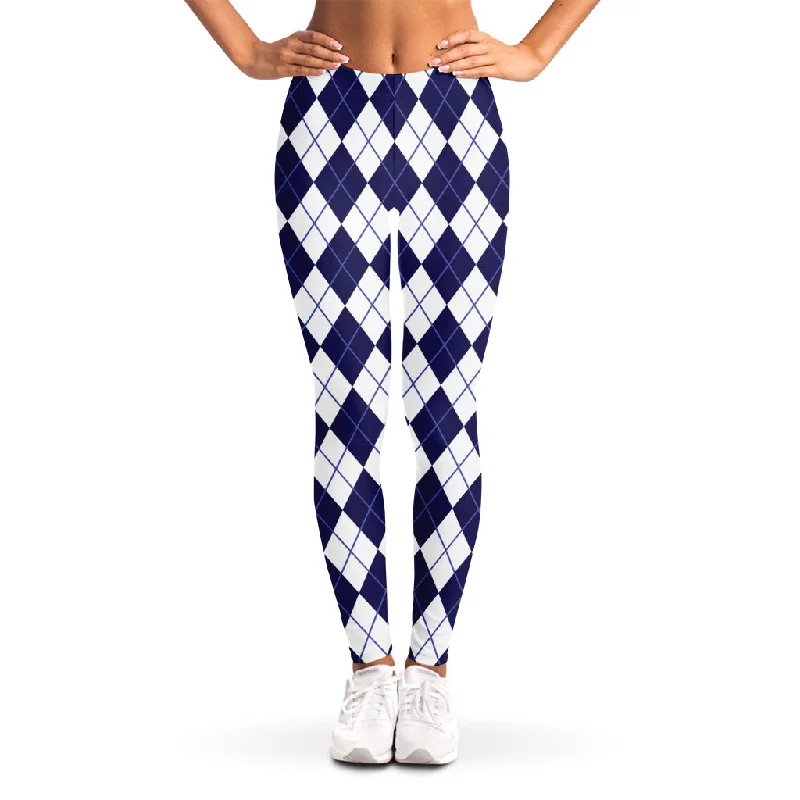 Navy Blue And White Argyle Pattern Print Women's Leggings Fashionable Printed Legging Pants Navy Blue And White Argyle Pattern Print Women's Leggings Fashionable Printed Legging Pants