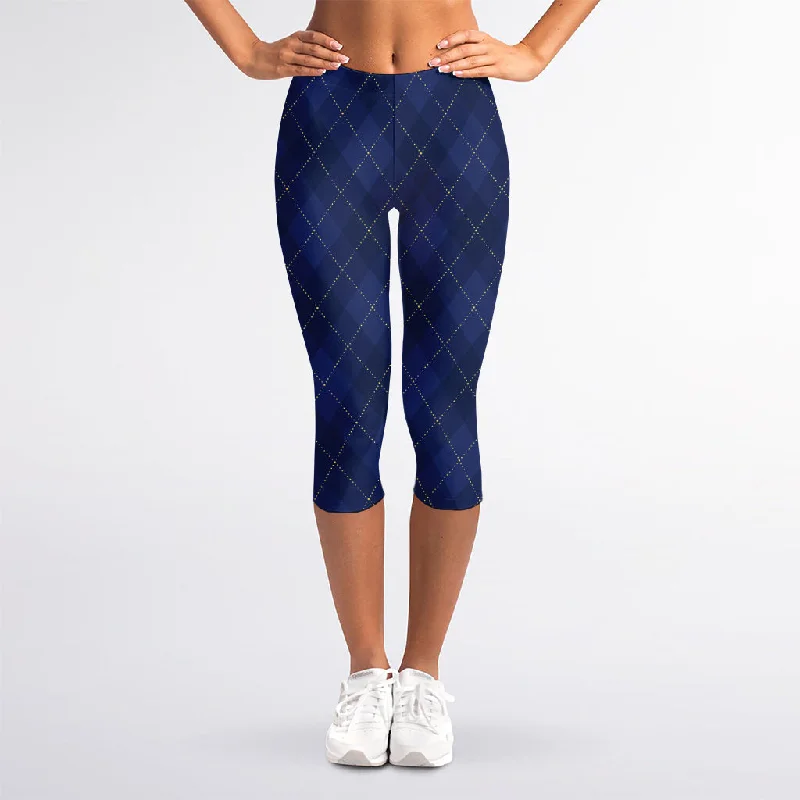 Navy Blue Argyle Pattern Print Women's Capri Leggings Fashionable Stretchy Fit Leggings Navy Blue Argyle Pattern Print Women's Capri Leggings Fashionable Stretchy Fit Leggings