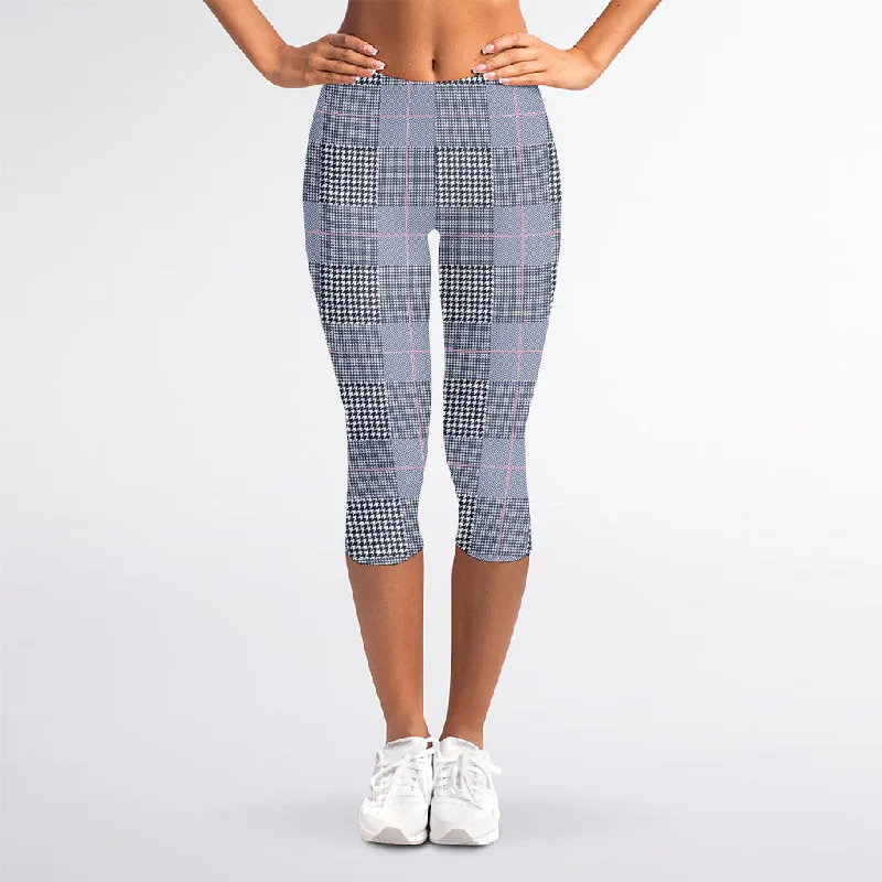 Navy Blue Prince of Wales Check Print Women's Capri Leggings Comfortable Bootcut Workout Leggings Navy Blue Prince of Wales Check Print Women's Capri Leggings Comfortable Bootcut Workout Leggings