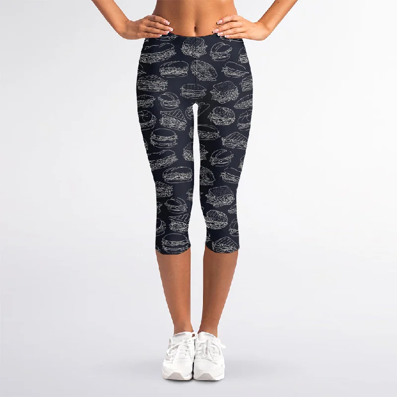 Navy Doodle Sandwich Pattern Print Women's Capri Leggings Stylish Capri Leggings