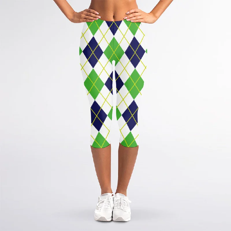 Navy Green And White Argyle Print Women's Capri Leggings Elegant Animal Print Leggings Navy Green And White Argyle Print Women's Capri Leggings Elegant Animal Print Leggings