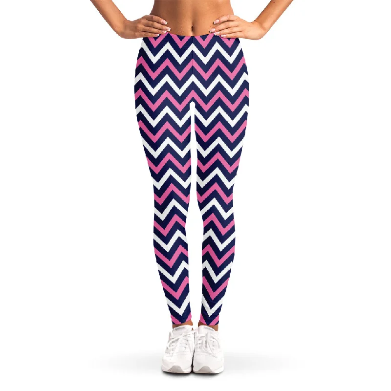 Navy Pink And White Chevron Print Women's Leggings Comfortable Capri-Length Leggings Navy Pink And White Chevron Print Women's Leggings Comfortable Capri-Length Leggings