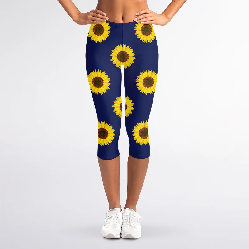 Navy Sunflower Pattern Print Women's Capri Leggings Stylish Sporty Performance Leggings Navy Sunflower Pattern Print Women's Capri Leggings Stylish Sporty Performance Leggings