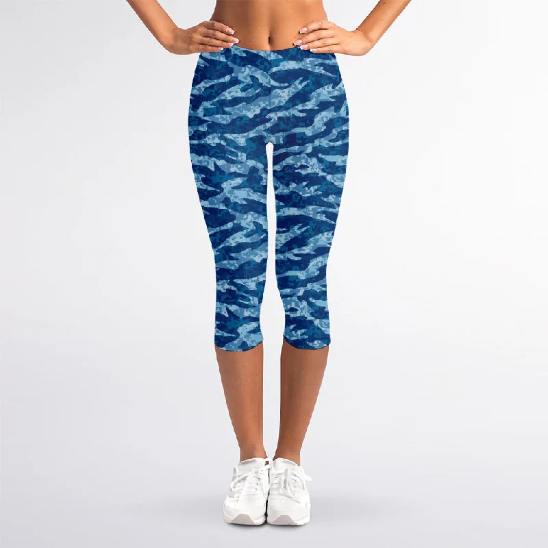 Navy Tiger Stripe Camo Pattern Print Women's Capri Leggings Comfortable Tummy Shaping Leggings Navy Tiger Stripe Camo Pattern Print Women's Capri Leggings Comfortable Tummy Shaping Leggings