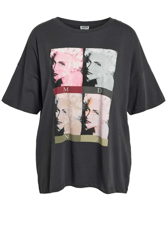 Noisy May Madonna Graphic T-Shirt, Gray Hooded Caped Shawl Collar