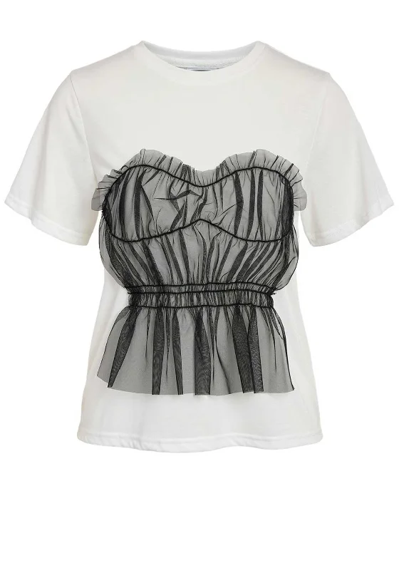 Noisy May Rema Tulle Corset T-Shirt, Bright White Print Jacquard Patchwork