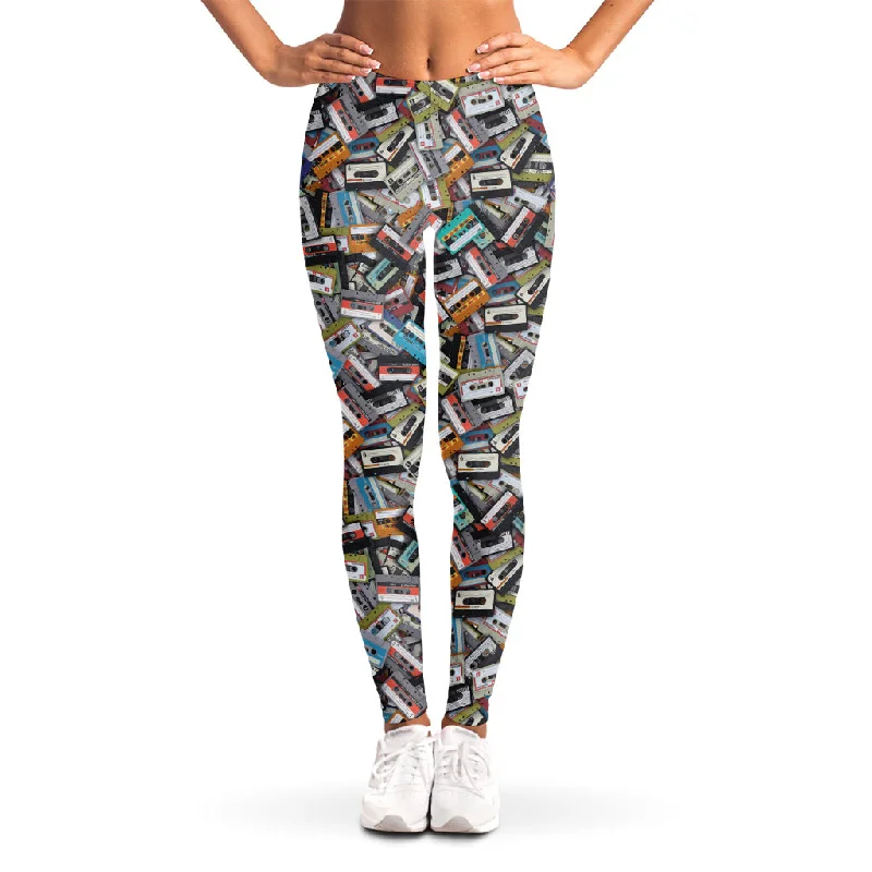 Old Cassette Tape Print Women's Leggings Stylish Side-Stripe Leggings