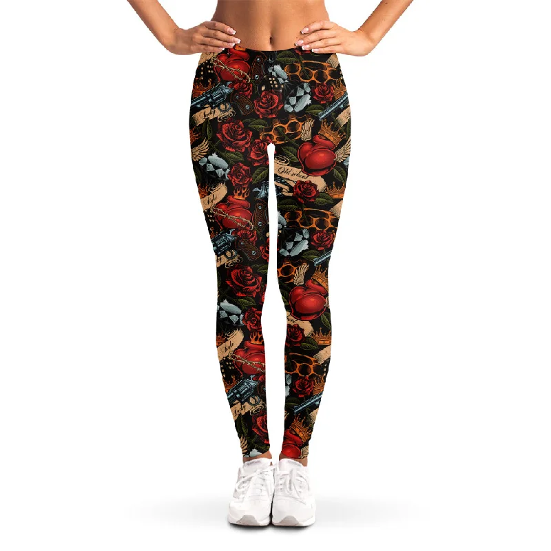 Old School Tattoo Print Women's Leggings Trendy Leather-Look Workout Leggings