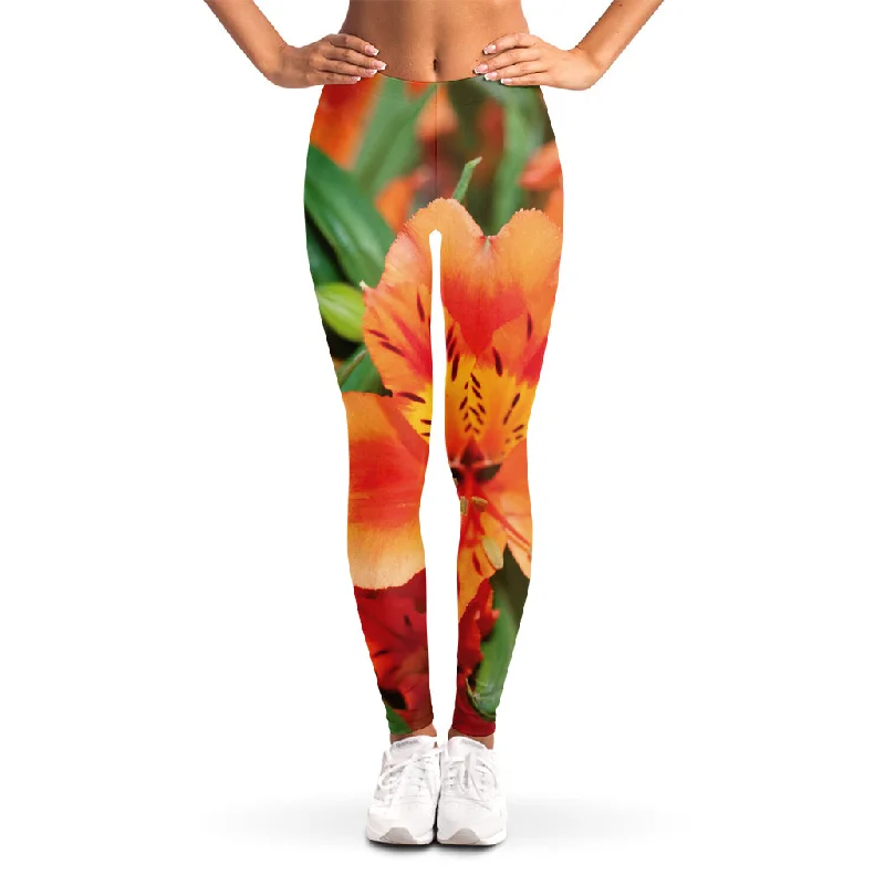 Orange Alstroemeria Print Women's Leggings Cozy Yoga Compression Leggings