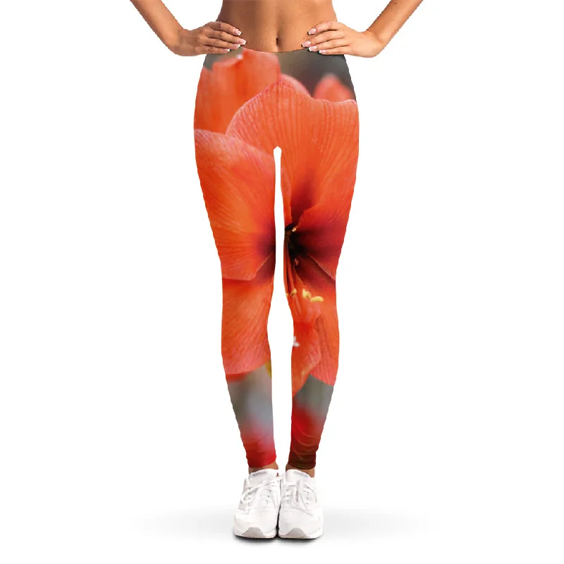 Orange Amaryllis Print Women's Leggings Trendy High-Compression Leggings