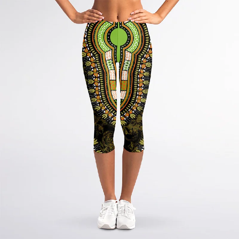 Orange And Black African Dashiki Print Women's Capri Leggings Trendy Foil Finish Leggings Orange And Black African Dashiki Print Women's Capri Leggings Trendy Foil Finish Leggings
