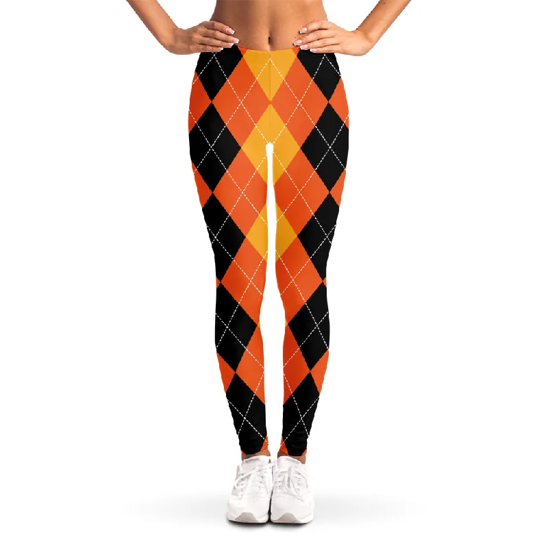 Orange And Black Argyle Pattern Print Women's Leggings Fashionable Fitted Workout Leggings Orange And Black Argyle Pattern Print Women's Leggings Fashionable Fitted Workout Leggings