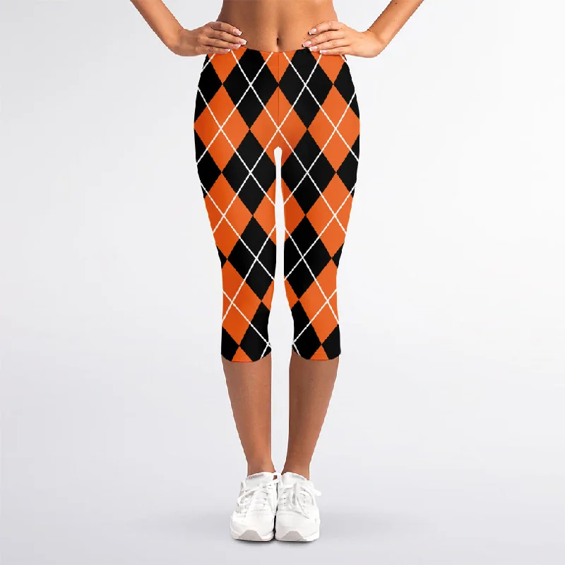 Orange And Black Argyle Print Women's Capri Leggings Elegant Stretchy Faux Leather Leggings Orange And Black Argyle Print Women's Capri Leggings Elegant Stretchy Faux Leather Leggings