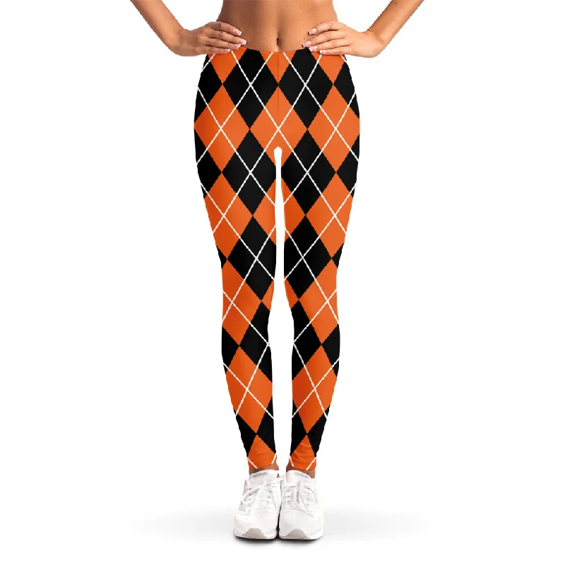 Orange And Black Argyle Print Women's Leggings Cozy Fashion Leggings